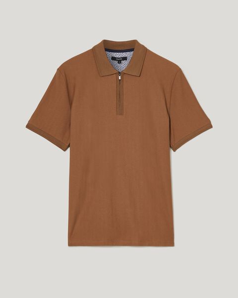 Textured Zip-up Polo, Tan, hi-res